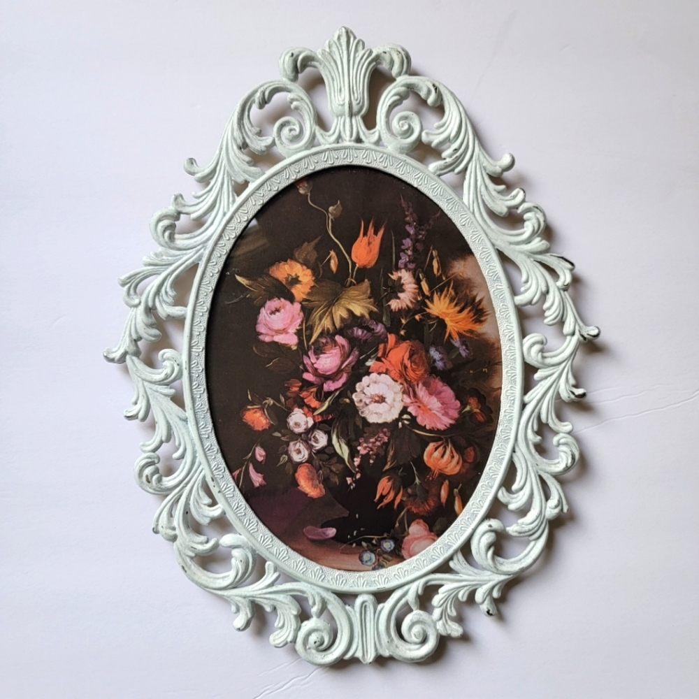 Vintage Oval Painted on Brass Glass Frame Floral Bubble Glass Made in Italy